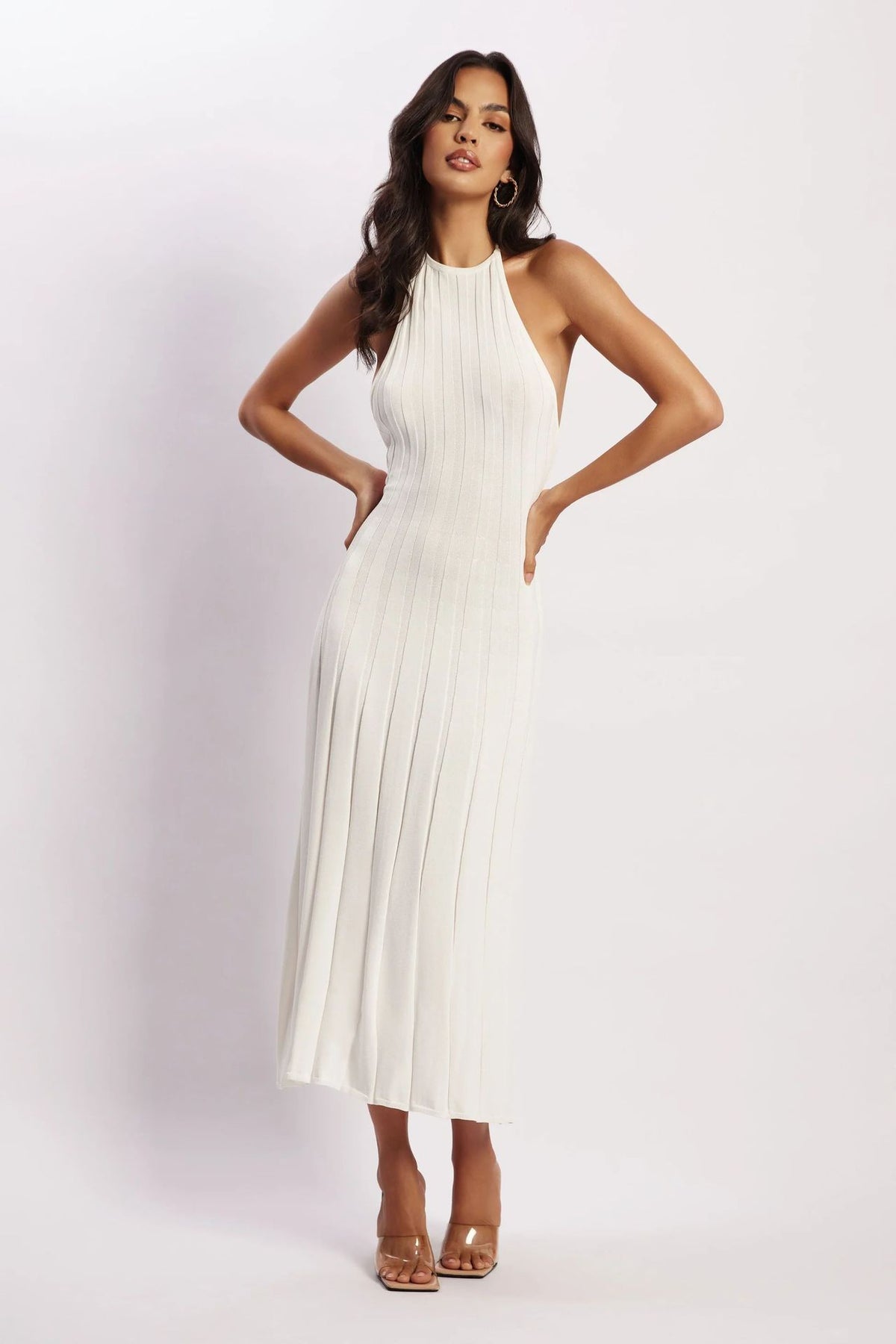 Vestido midi tejido plisado con cuello halter para mujer - Dalila