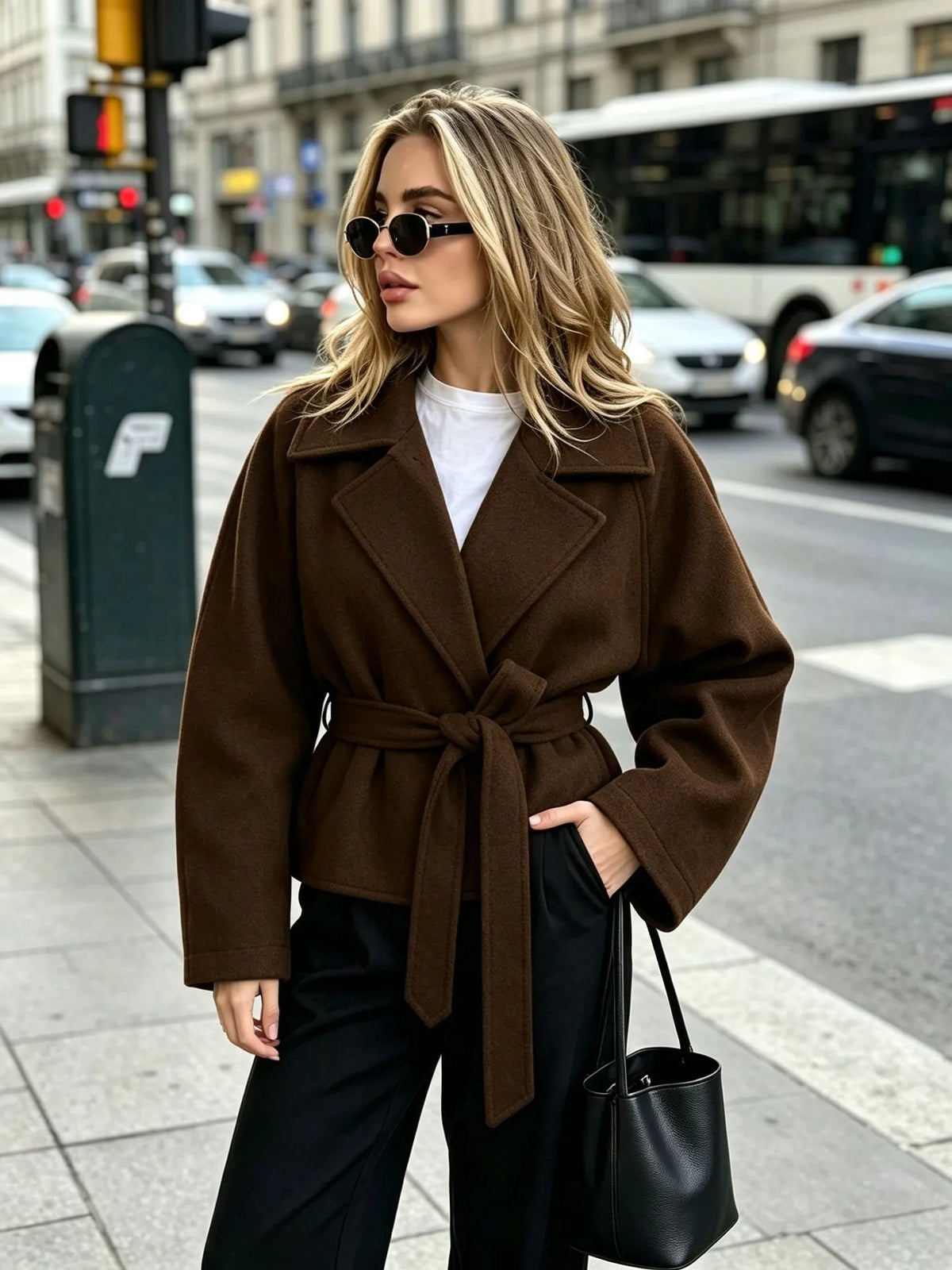 Chaqueta corta de paño con cinturón y solapas - Calina