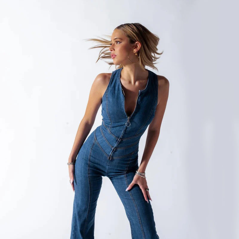 Mono vaquero ajustado con cremallera casual para mujer - Yselle