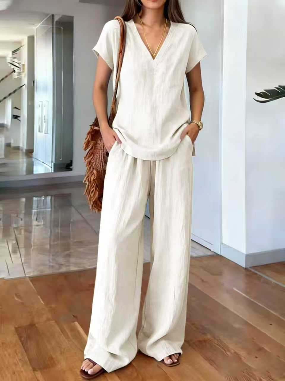 Conjunto de lino de dos piezas cuello V casual para mujer - Klarisa