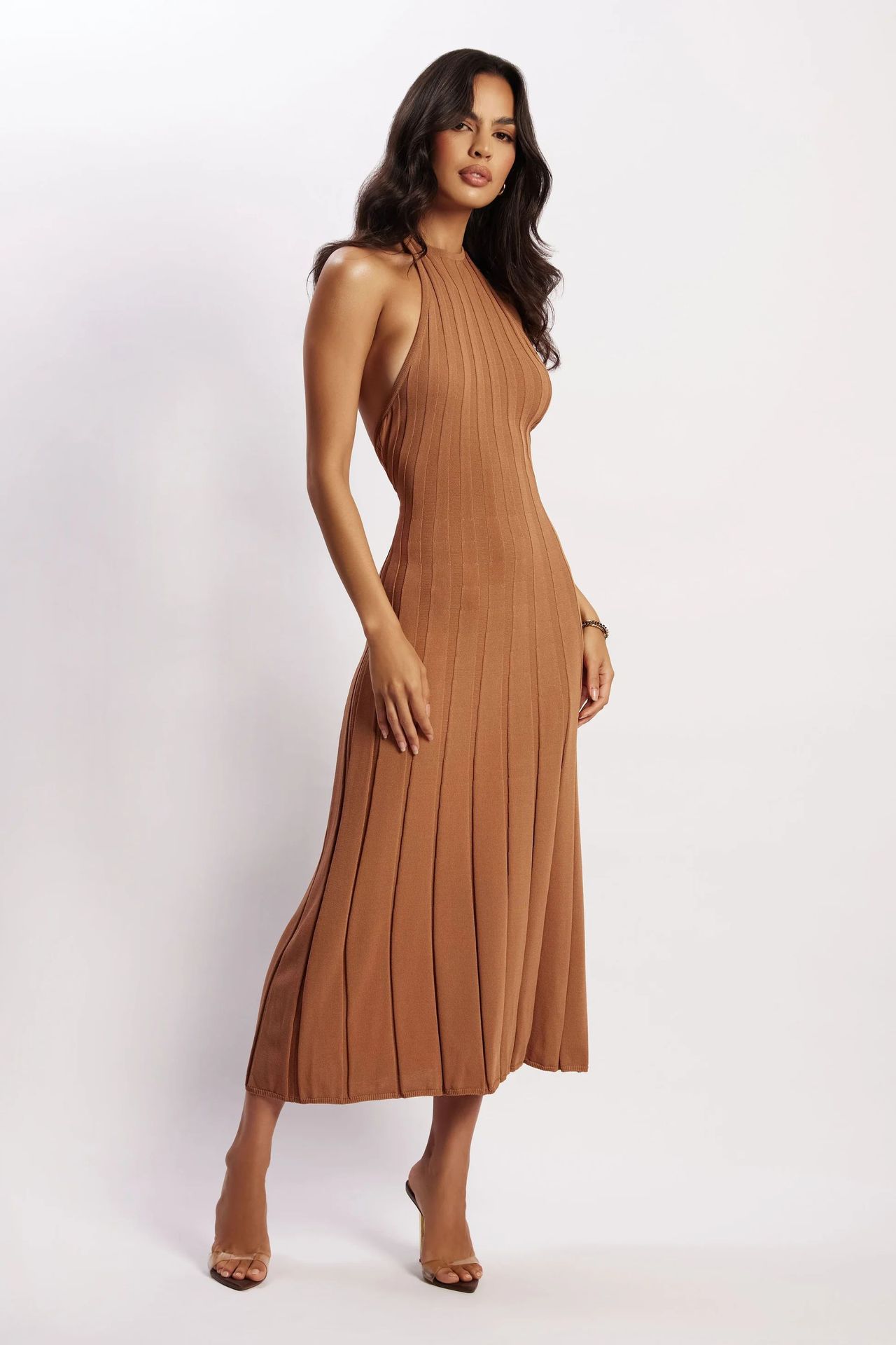 Vestido midi tejido plisado con cuello halter para mujer - Dalila
