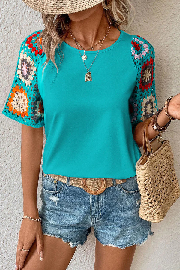 Hanna - Top de ganchillo con mangas cortas y estampado floral