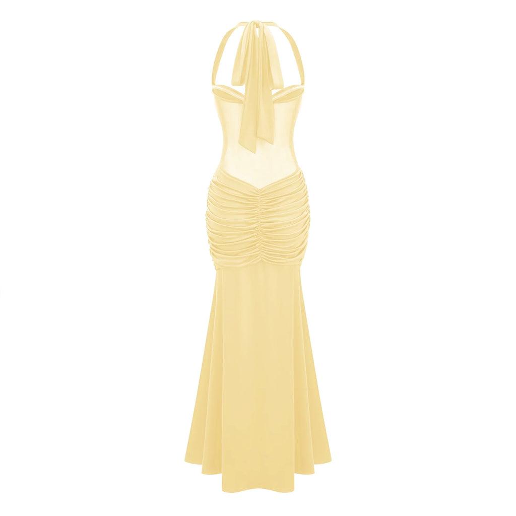 Maxi vestido elegante para mujer con escote halter y drapeado - Elira