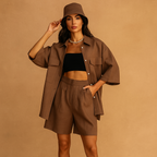 Conjunto mujer lino camisa y shorts con sombrero - Anja