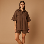 Conjunto mujer lino camisa y shorts con sombrero - Anja