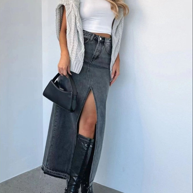 Falda larga para mujer denim tiro alto con abertura trasera - Emilie