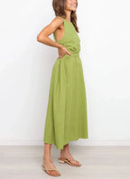 Vestido midi mujer con aberturas laterales algodón lino negro - Camila