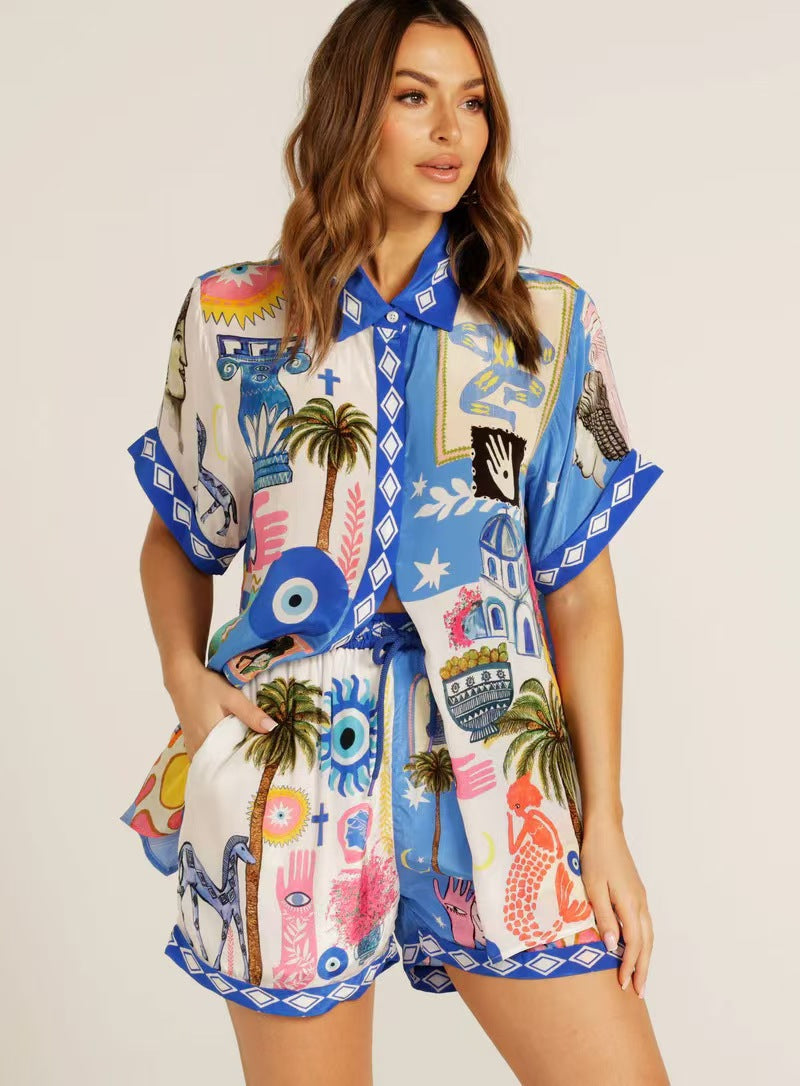 Conjunto estampado de mujer con camisa y shorts ajustables - Arvella