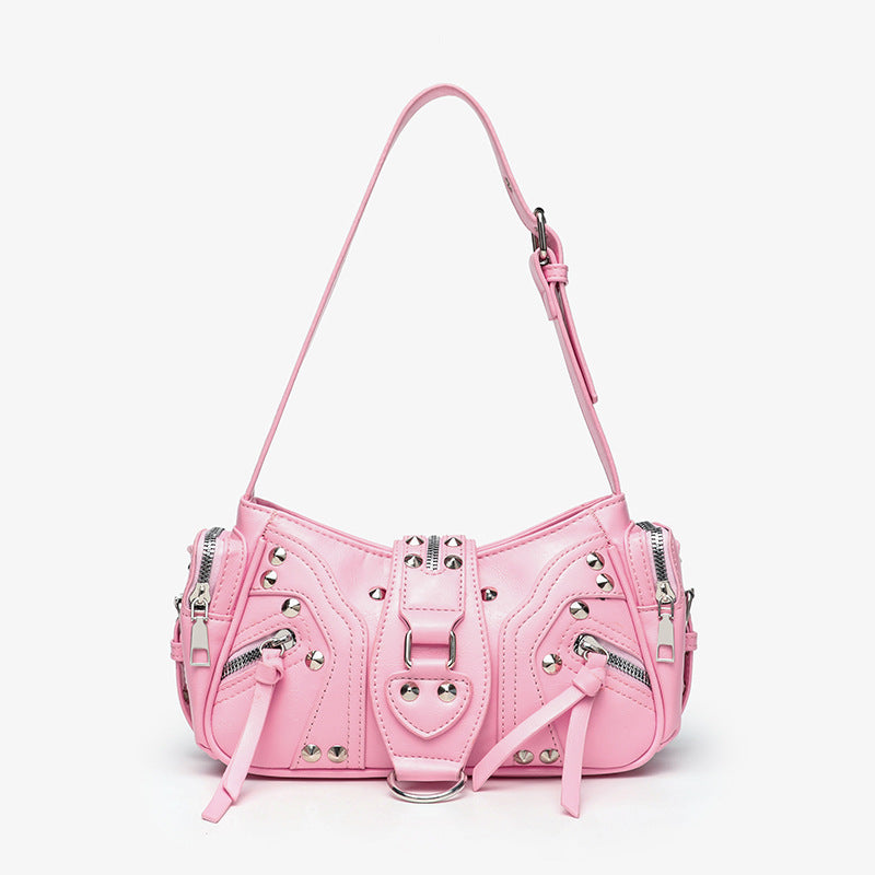 Bolso de hombro con tachuelas metálicas y bolsillos con cremallera para mujer
