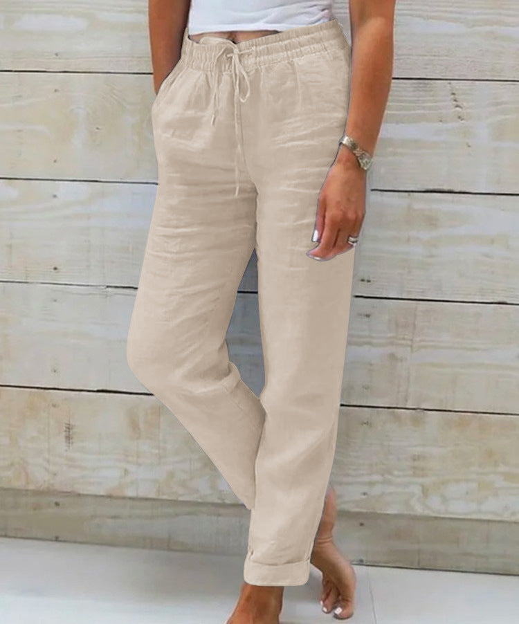 Pantalón de lino con cintura elástica y cordón para mujer - Helga