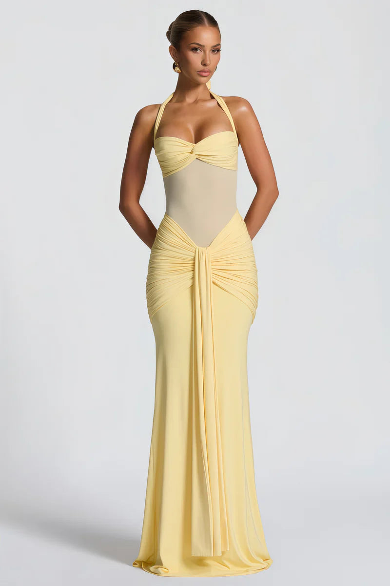 Maxi vestido elegante para mujer con escote halter y drapeado - Elira