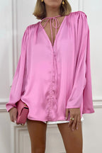 Victoria - Blusa rosa de encaje floral fruncido con cuello en V