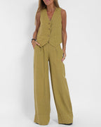 GracefulEase - Sencillo y elegante conjunto de chaleco de lino y pantalón ancho