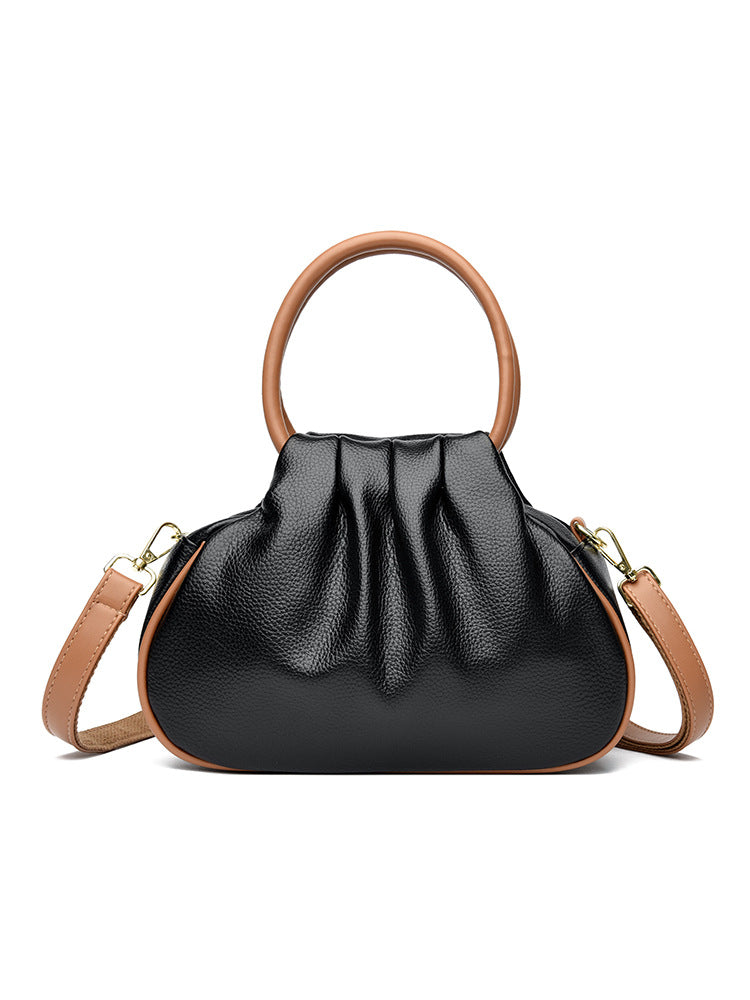 Bolso de hombro con pliegues y asas redondas rígidas para mujer
