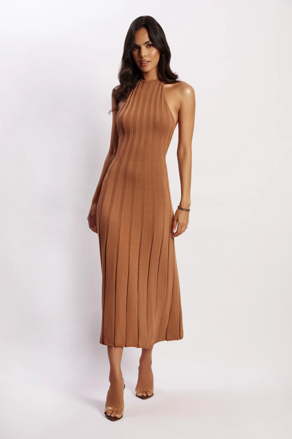 Vestido midi tejido plisado con cuello halter para mujer - Dalila