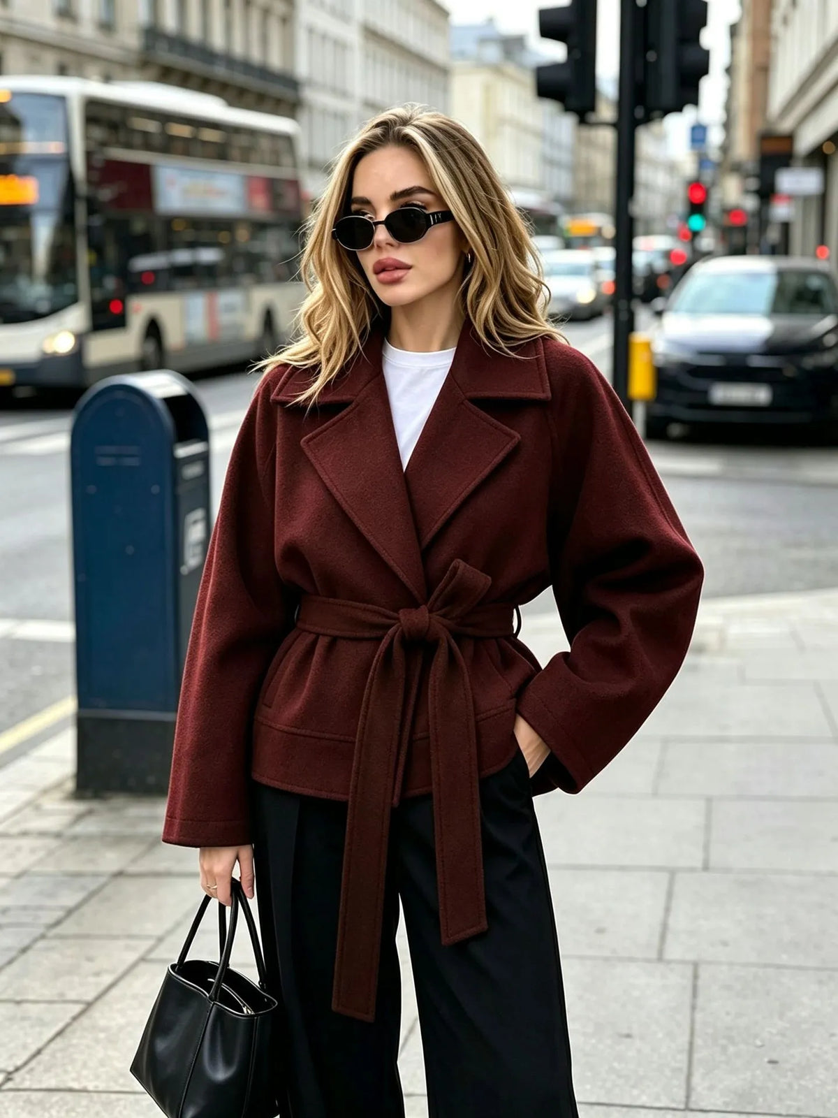 Chaqueta corta de paño con cinturón y solapas - Calina