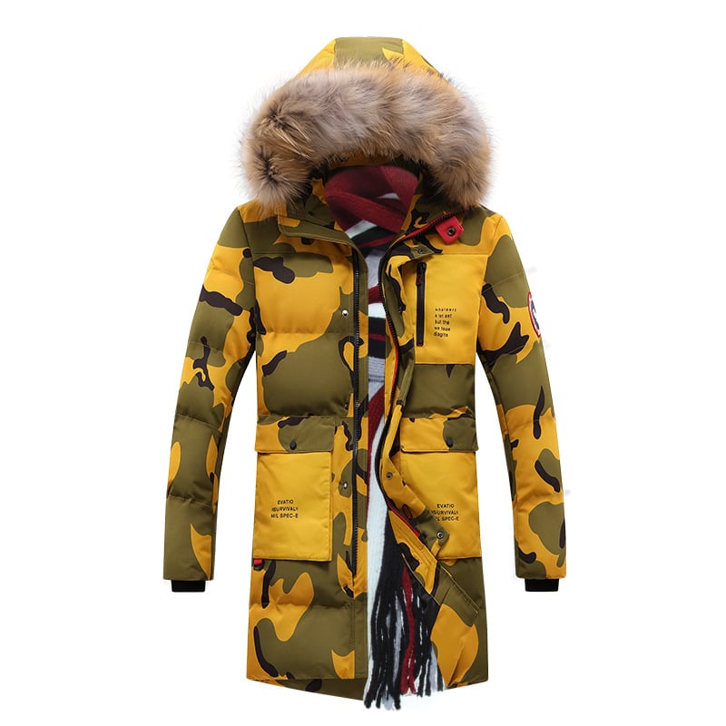 Parka acolchada hombre estampado camuflaje larga térmica capucha pelo invierno - Leonard