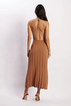 Vestido midi tejido plisado con cuello halter para mujer - Dalila