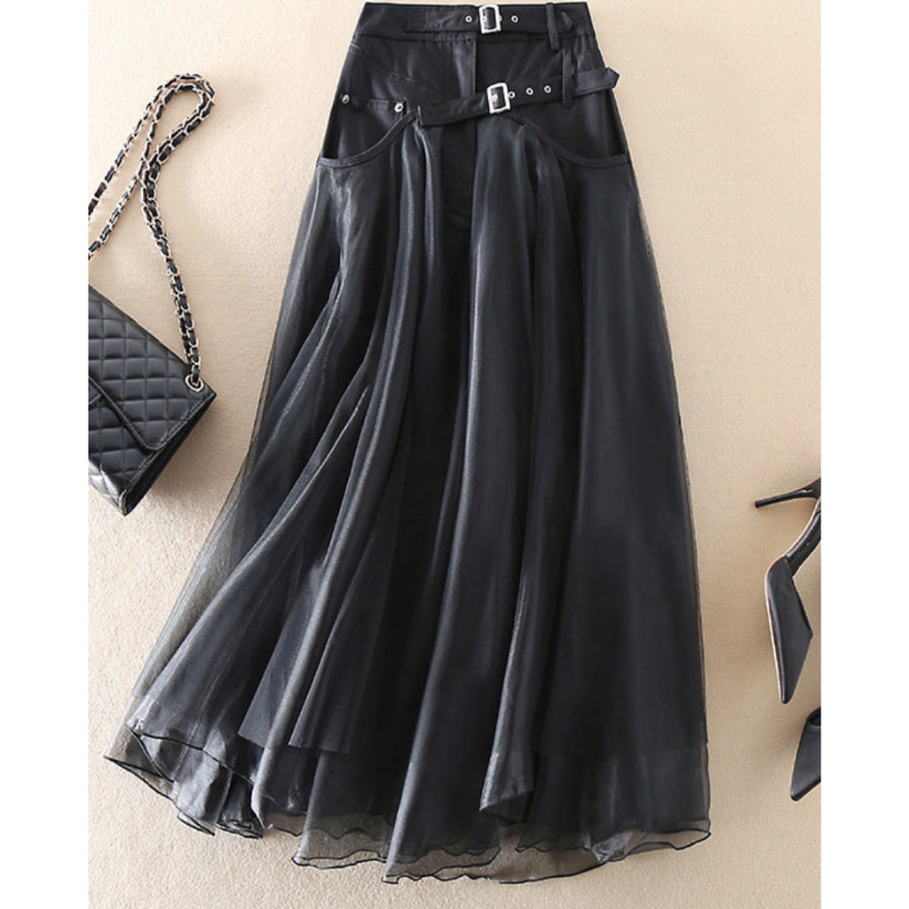 Falda midi de mujer con cintura alta y look a capas - con cinturón