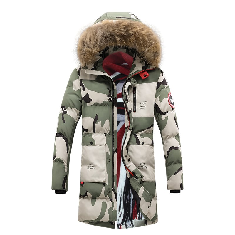 Parka acolchada hombre estampado camuflaje larga térmica capucha pelo invierno - Leonard