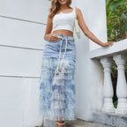 Falda midi para mujer denim con capas de tul y cordón decorativo - Julieta