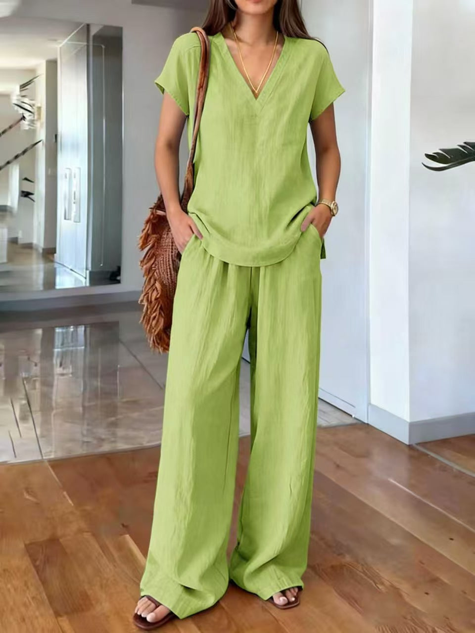 Conjunto de lino de dos piezas cuello V casual para mujer - Klarisa