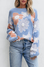 Blanche - Suéter de punto floral azul con cuello redondo y hombros caídos