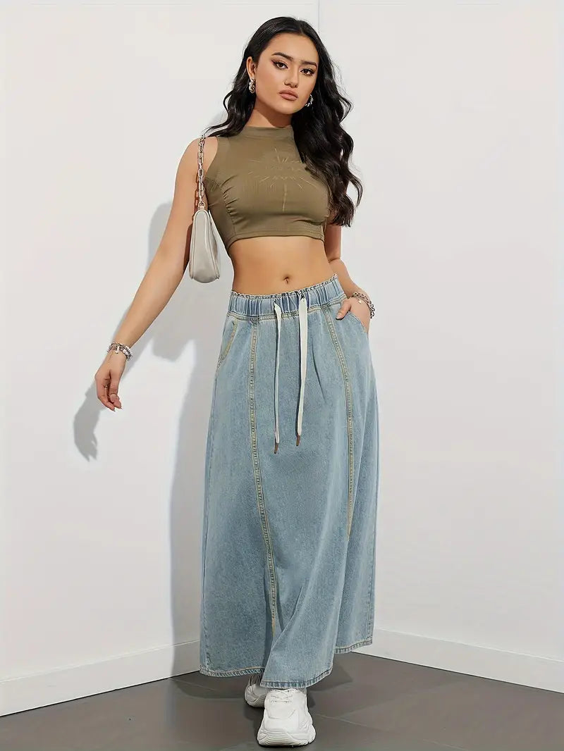 Falda vaquera larga con cordón ajustable, cómoda y versátil perfecta para un look casual y trendy