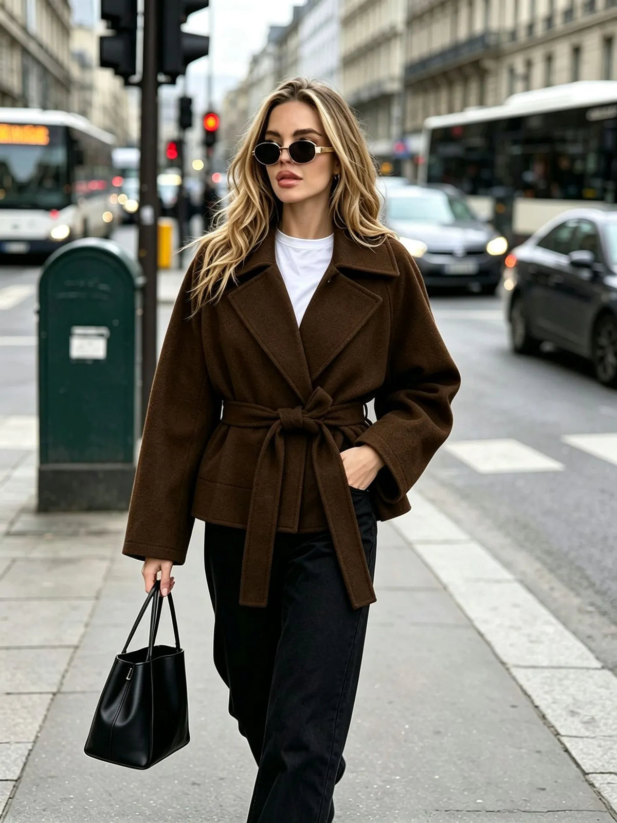 Chaqueta corta de paño con cinturón y solapas - Calina
