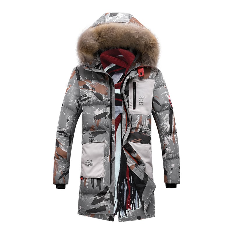 Parka acolchada hombre estampado camuflaje larga térmica capucha pelo invierno - Leonard