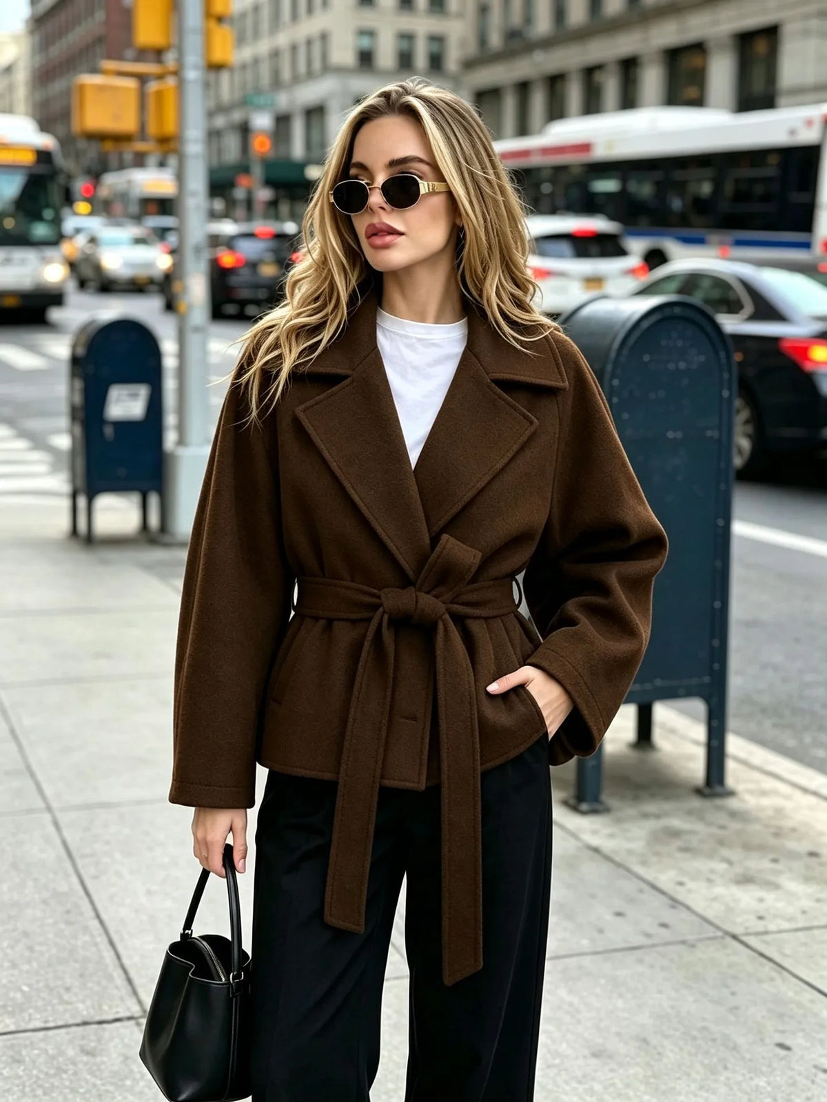Chaqueta corta de paño con cinturón y solapas - Calina