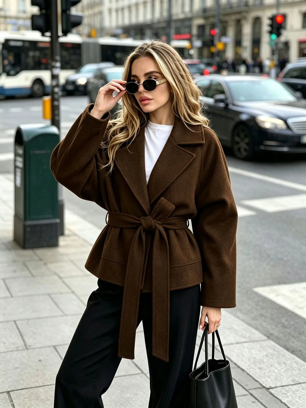 Chaqueta corta de paño con cinturón y solapas - Calina