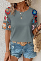 Hanna - Top de ganchillo con mangas cortas y estampado floral