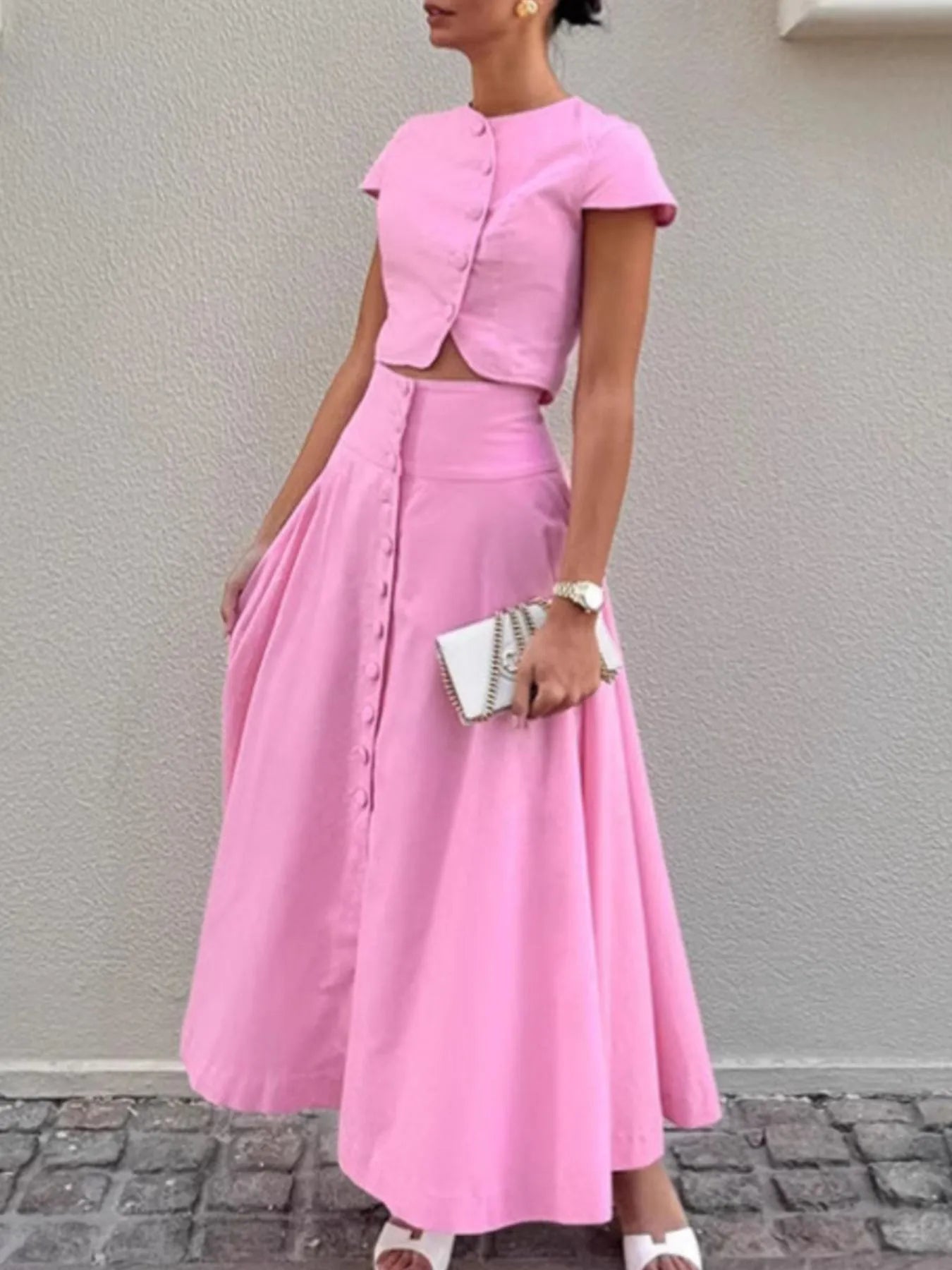Conjunto mujer top manga corta y falda larga con botones -Sala