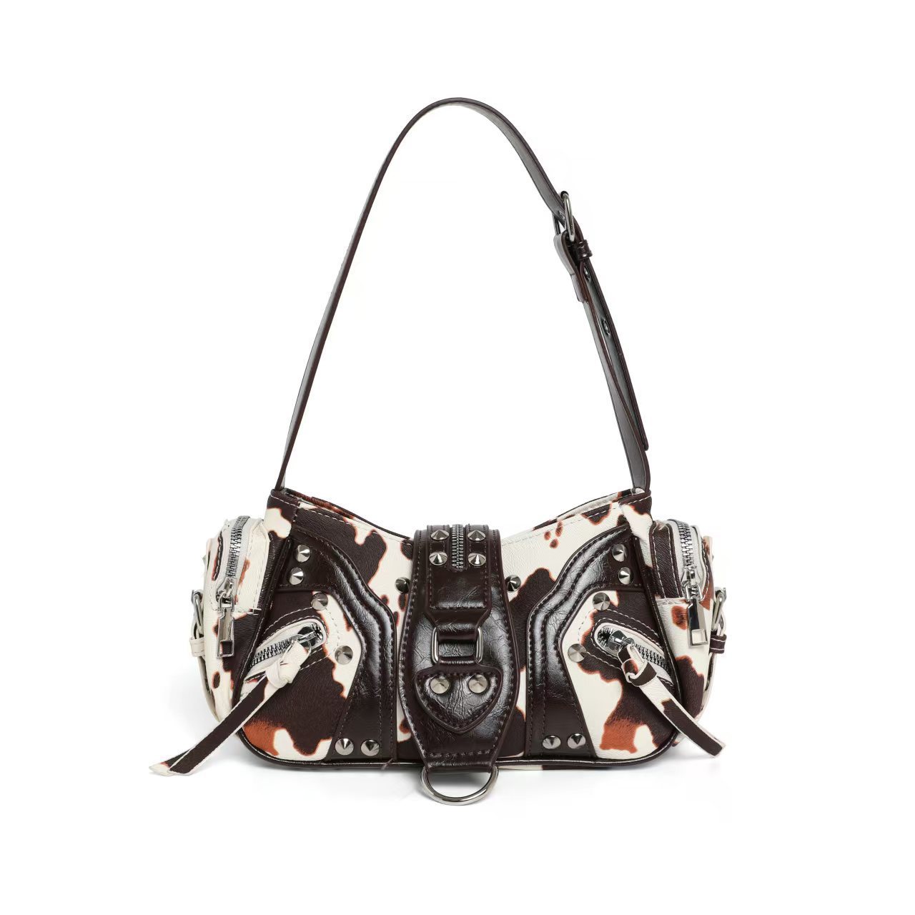Bolso de hombro con tachuelas metálicas y bolsillos con cremallera para mujer