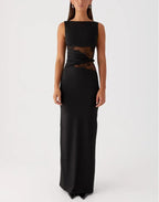 Vestido largo ajustado con detalle de encaje y drapeado lateral para mujer - Elara