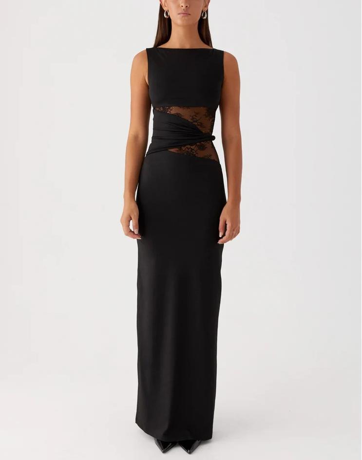 Vestido largo ajustado con detalle de encaje y drapeado lateral para mujer - Elara