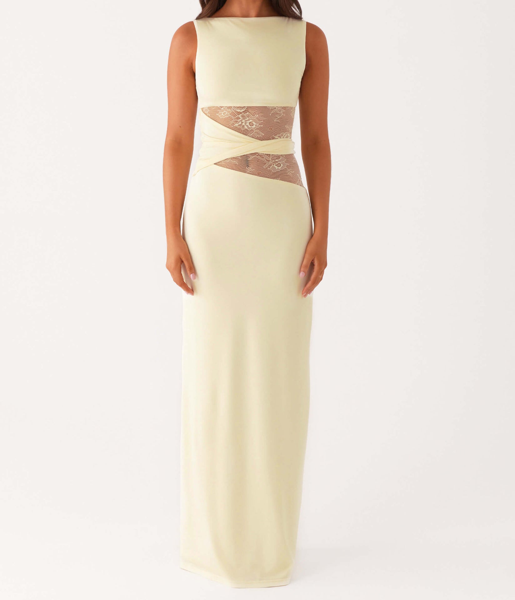 Vestido largo ajustado con detalle de encaje y drapeado lateral para mujer - Elara