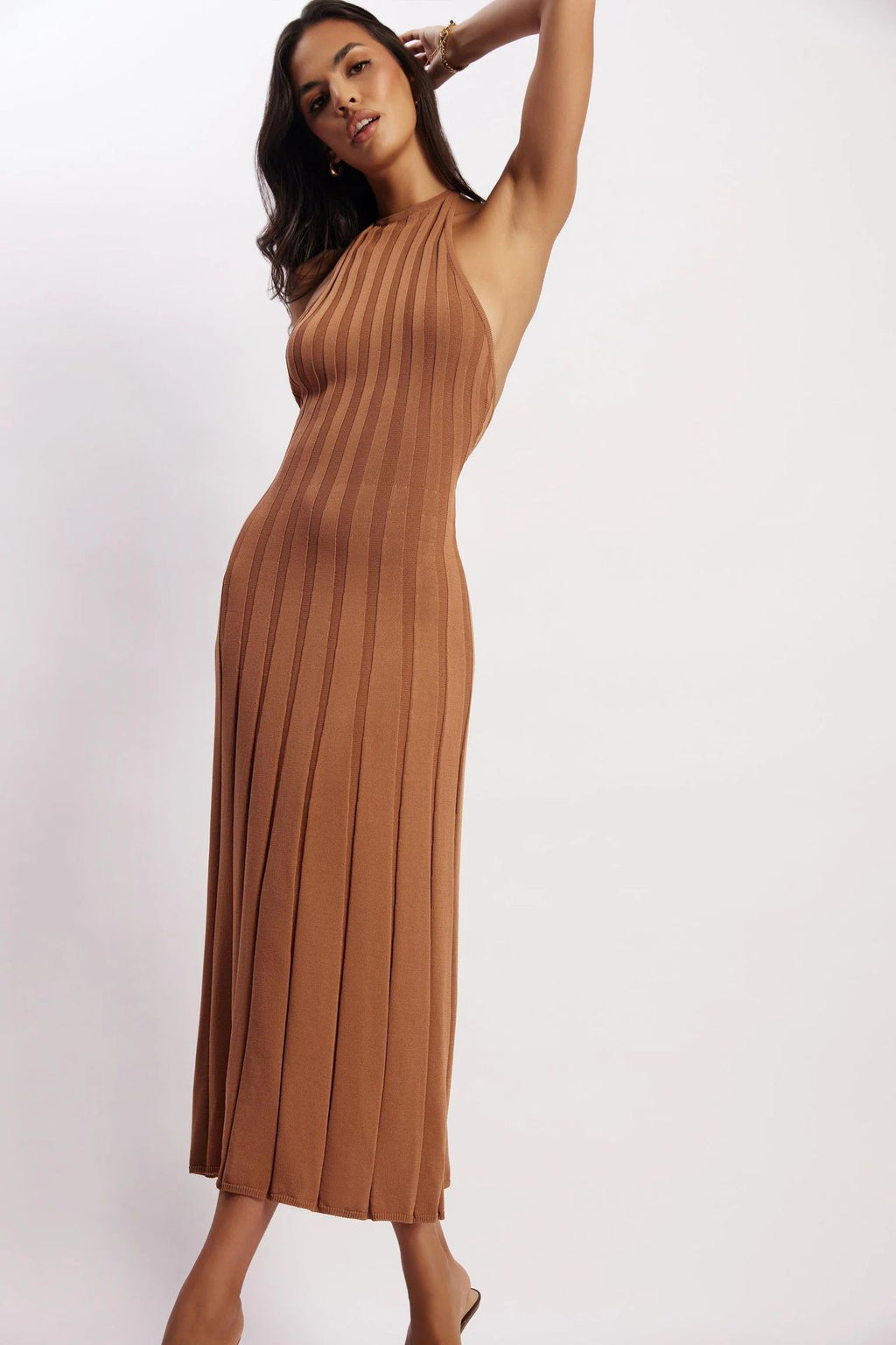 Vestido midi tejido plisado con cuello halter para mujer - Dalila