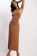 Vestido midi tejido plisado con cuello halter para mujer - Dalila