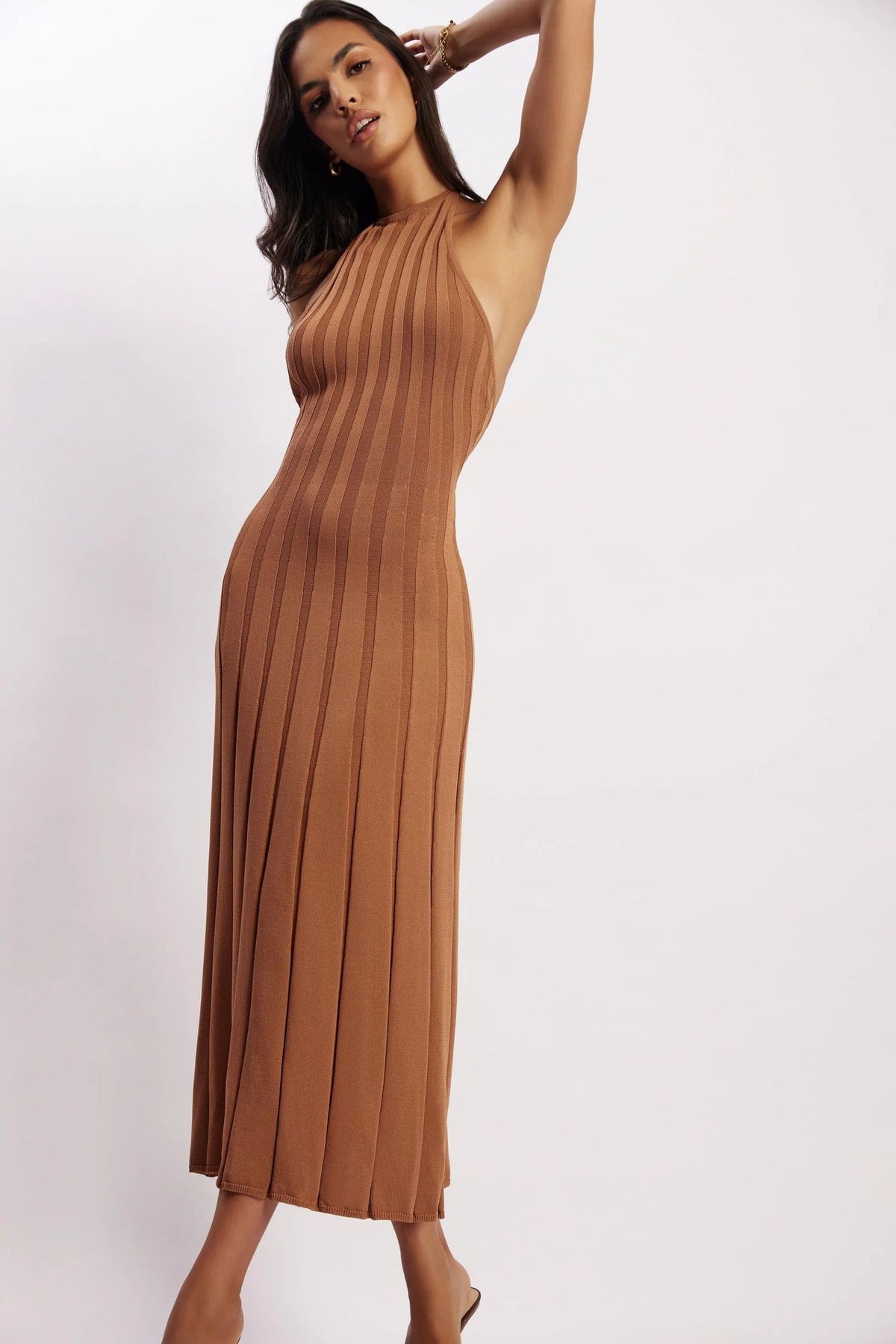 Vestido midi tejido plisado con cuello halter para mujer - Dalila