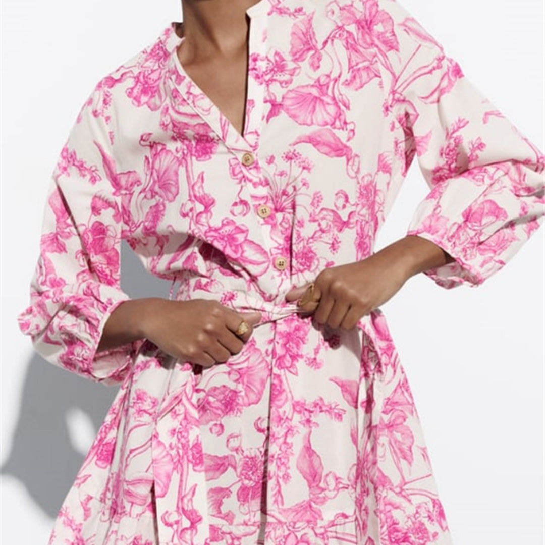 Vestido corto floral con cintura ajustable y manga amplia - Laurent