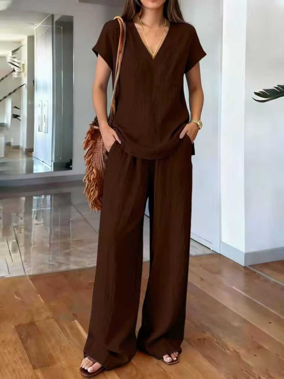 Conjunto de lino de dos piezas cuello V casual para mujer - Klarisa
