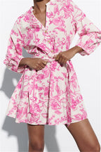 Vestido corto floral con cintura ajustable y manga amplia - Laurent