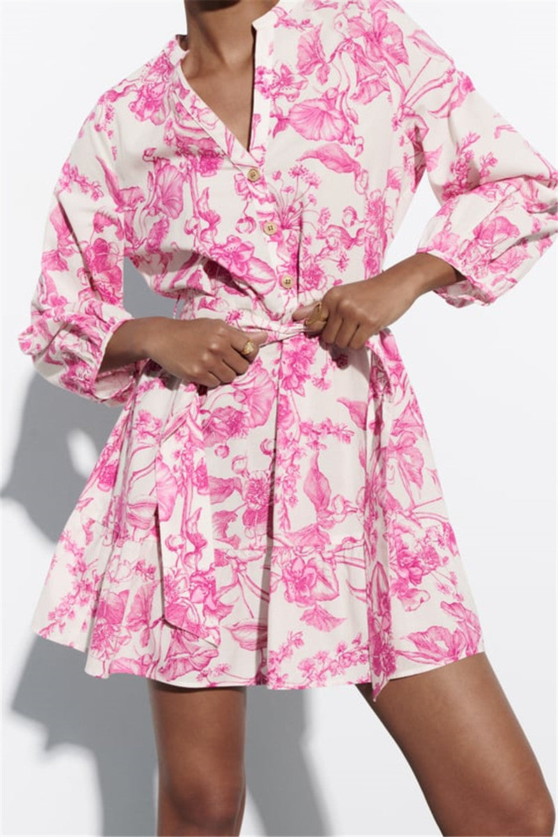 Vestido corto floral con cintura ajustable y manga amplia - Laurent