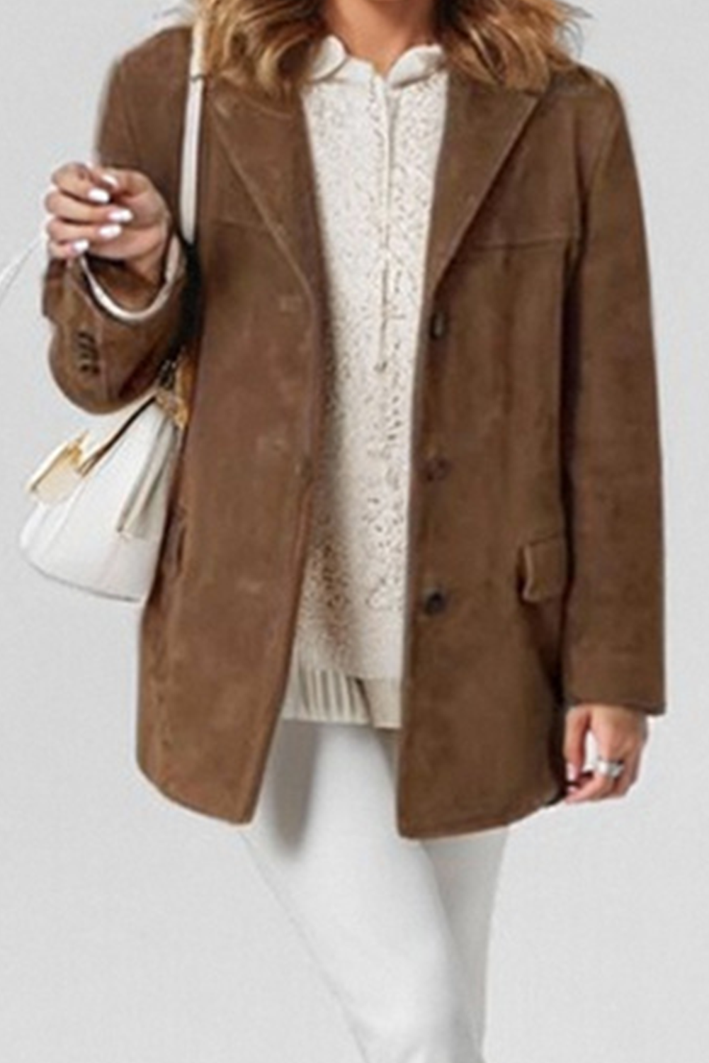Coralie - Chaqueta café vintage con bolsillos de solapa y botones