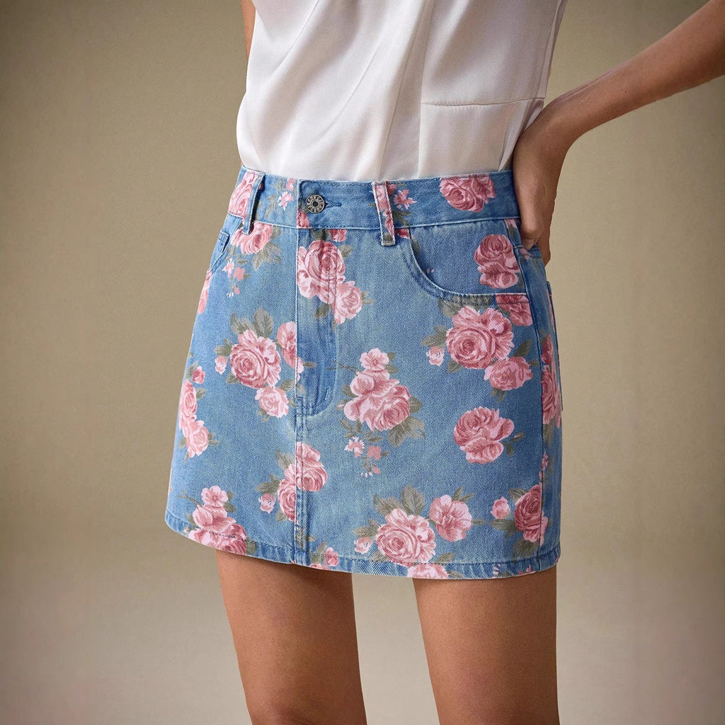 Falda mujer denim con estampado floral y corte recto - Letty