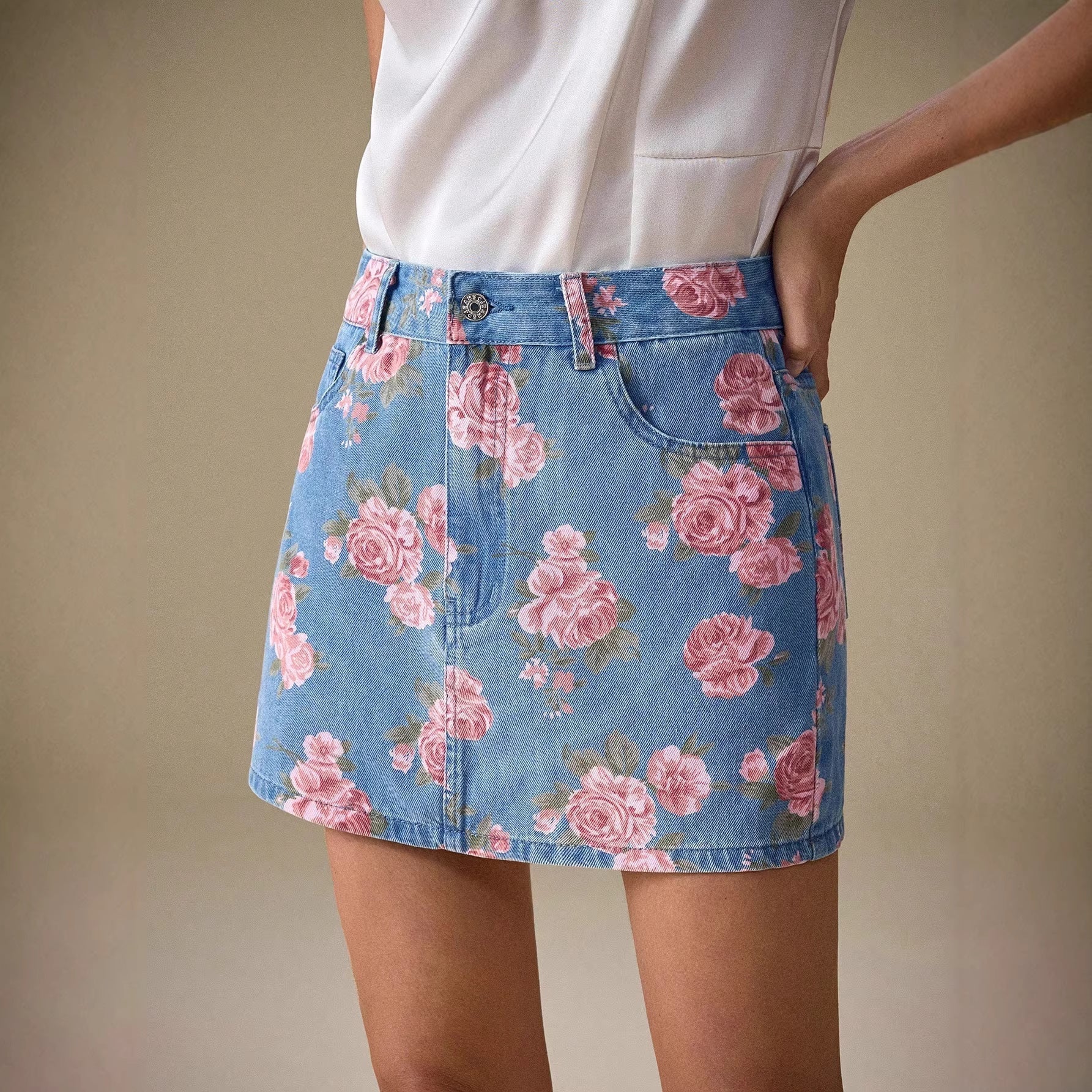 Falda mujer denim con estampado floral y corte recto - Letty