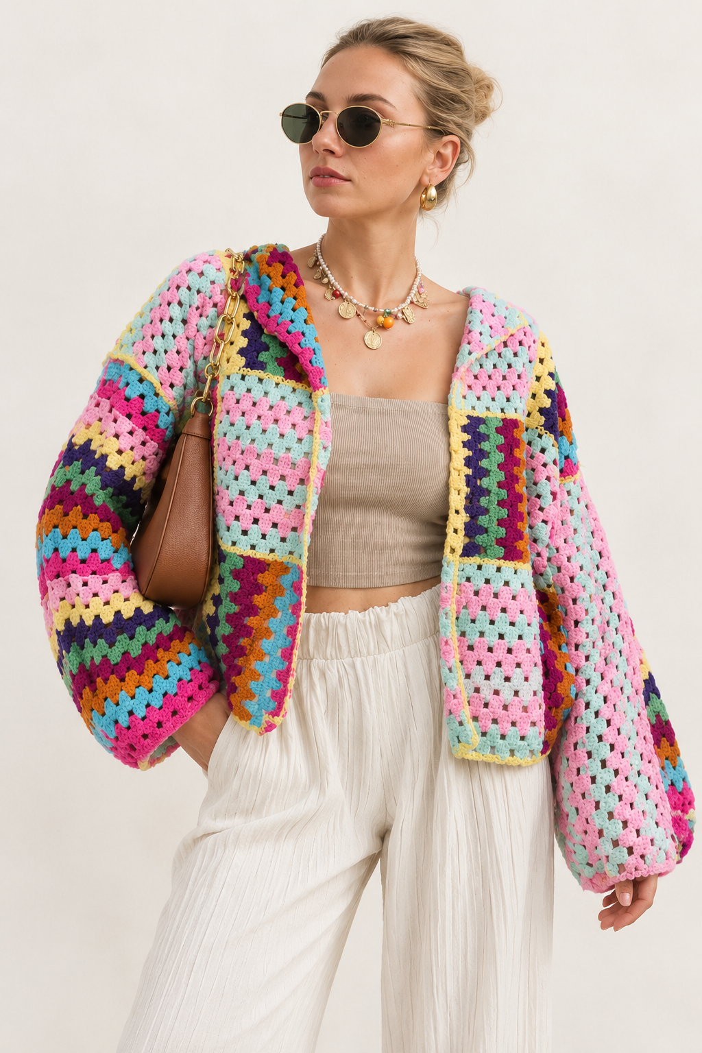 Cárdigan mujer crochet granny squares corte corto abierto - Nives