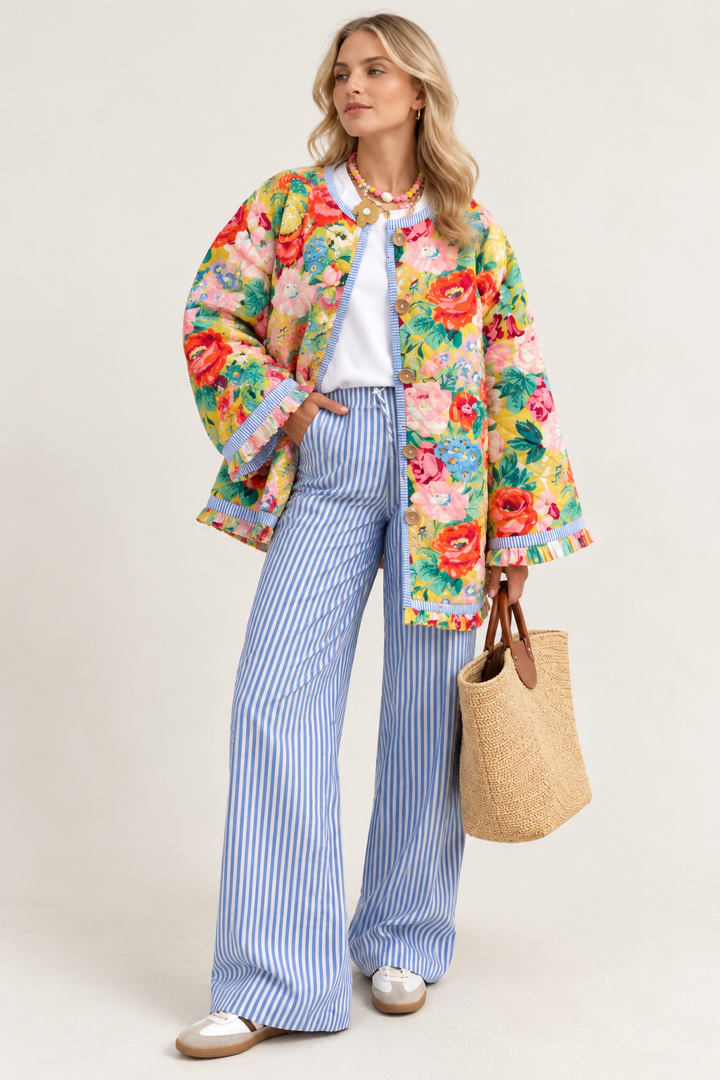 Chaqueta floral mujer corte evasé acolchado rombos volantes - Clotilde